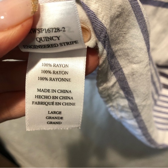 Rails blue and white horizontal stripe button down rayon blouse Chinese collar L - Picture 9 of 10